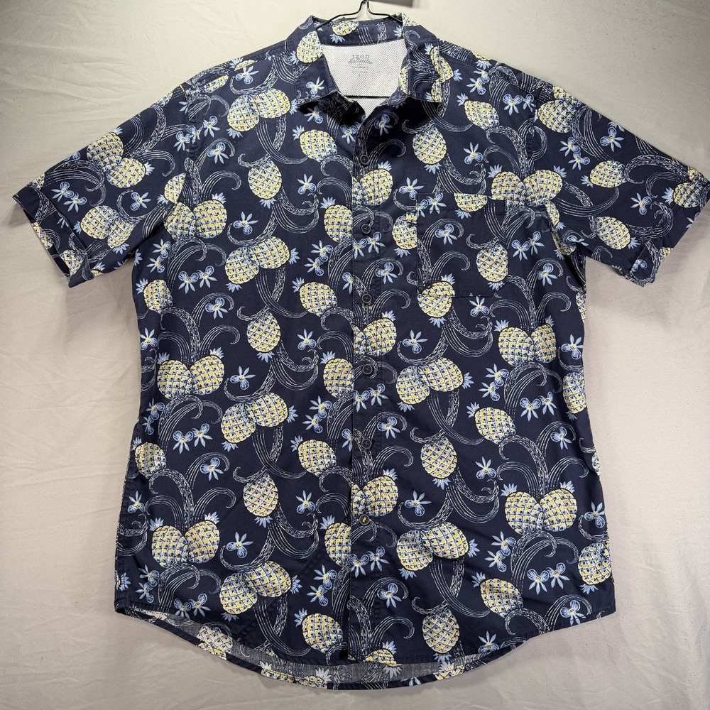 Izod Saltwater Performance Short Sleeve Button Up Blue Pineapple Active Beach